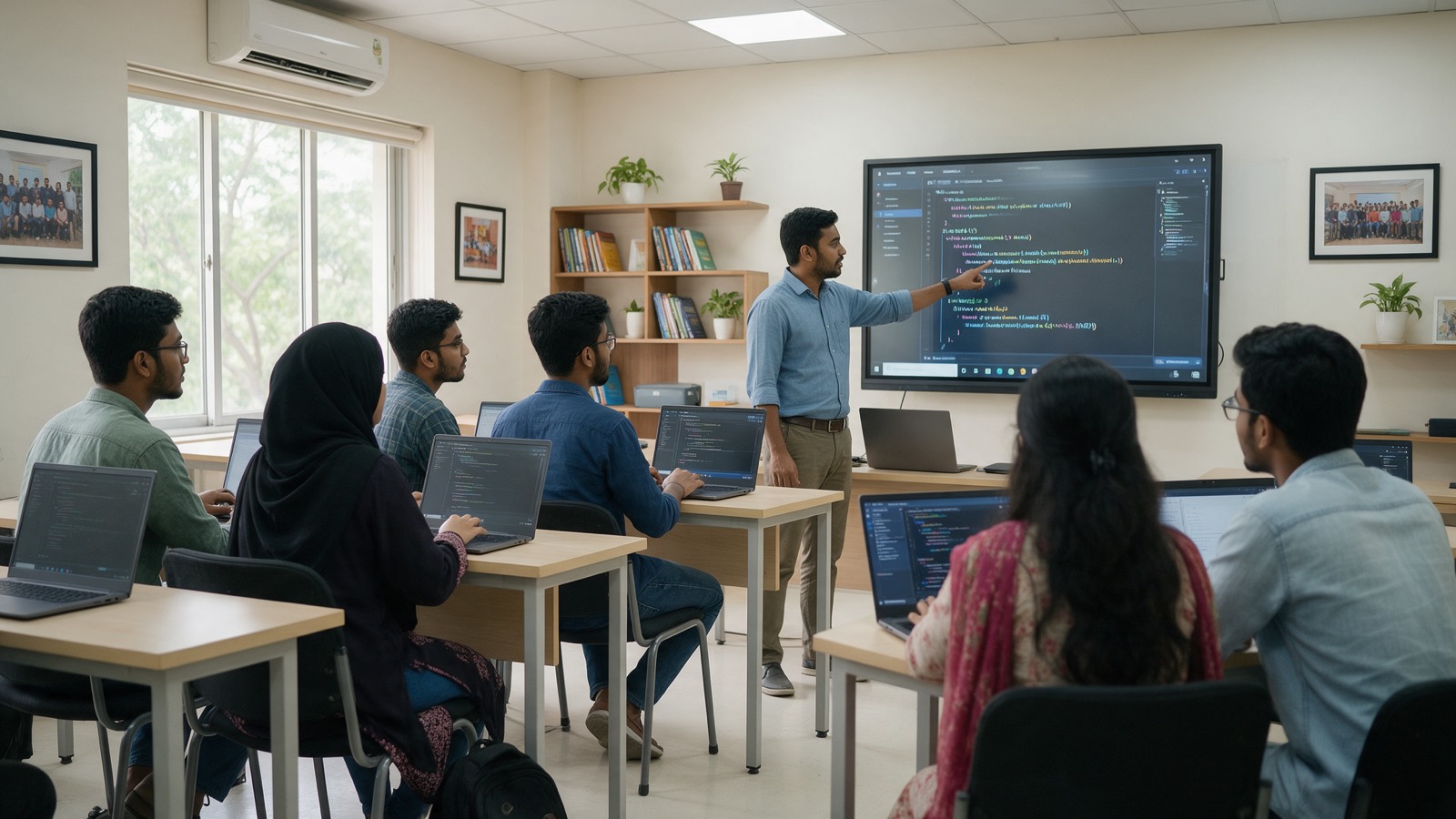 Developers in a bright Dhaka training room during an AI coding workshop